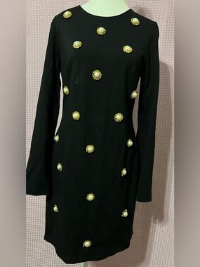 Nicole Miller Black Long Sleeve Shift Dress with Pearl-Gold Buttons